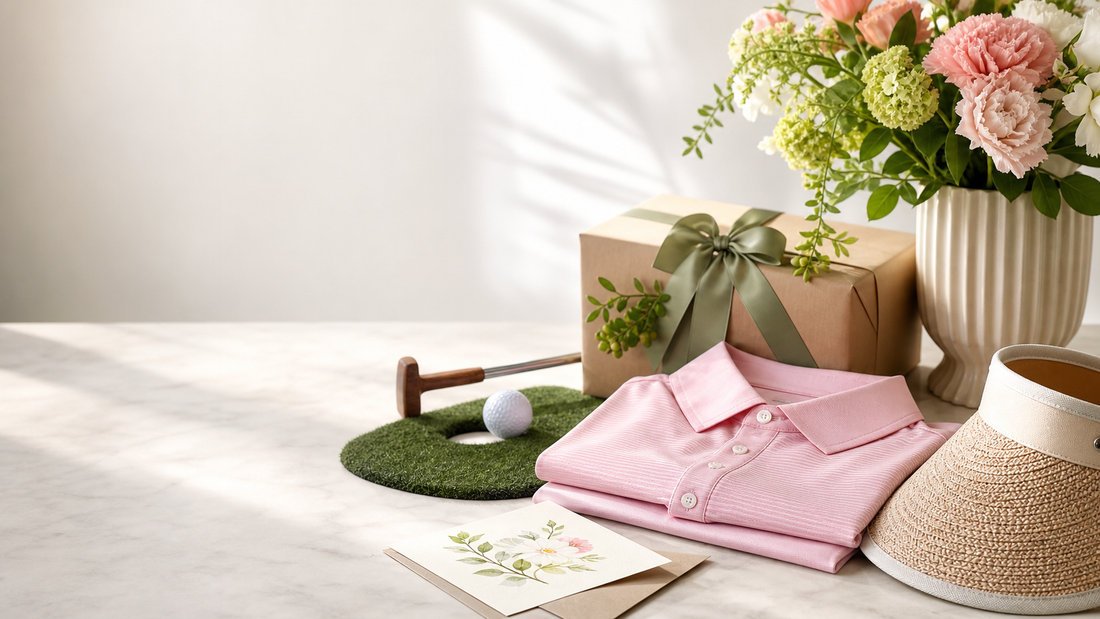 Mother's Day gifts with flowers, a wrapped present, and golf-inspired accessories
